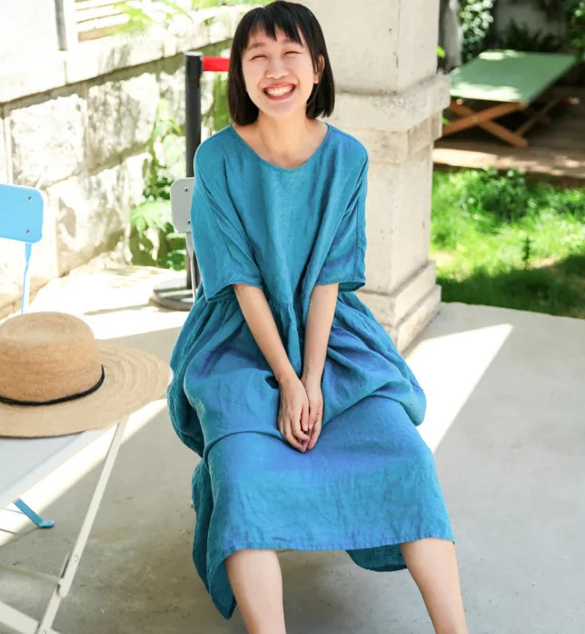 Blue Washed Soft Summer Linen Women Dresses Loose style Short Sleeve Women Dresses 98291