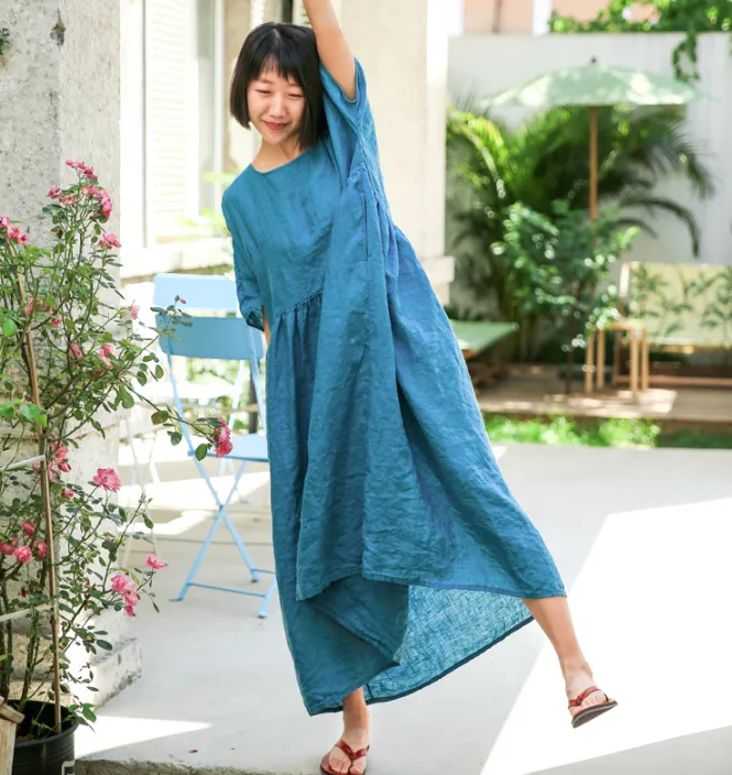 Blue Washed Soft Summer Linen Women Dresses Loose style Short Sleeve Women Dresses 98291