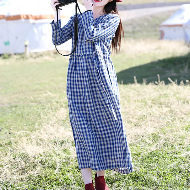 Checked Summer Dresses Linen Short Sleeve Long Women Dresses 97291