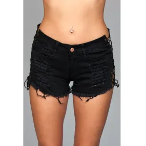 Denim Shorts Lace-Up Side Detail Black Large Packaging Hanging