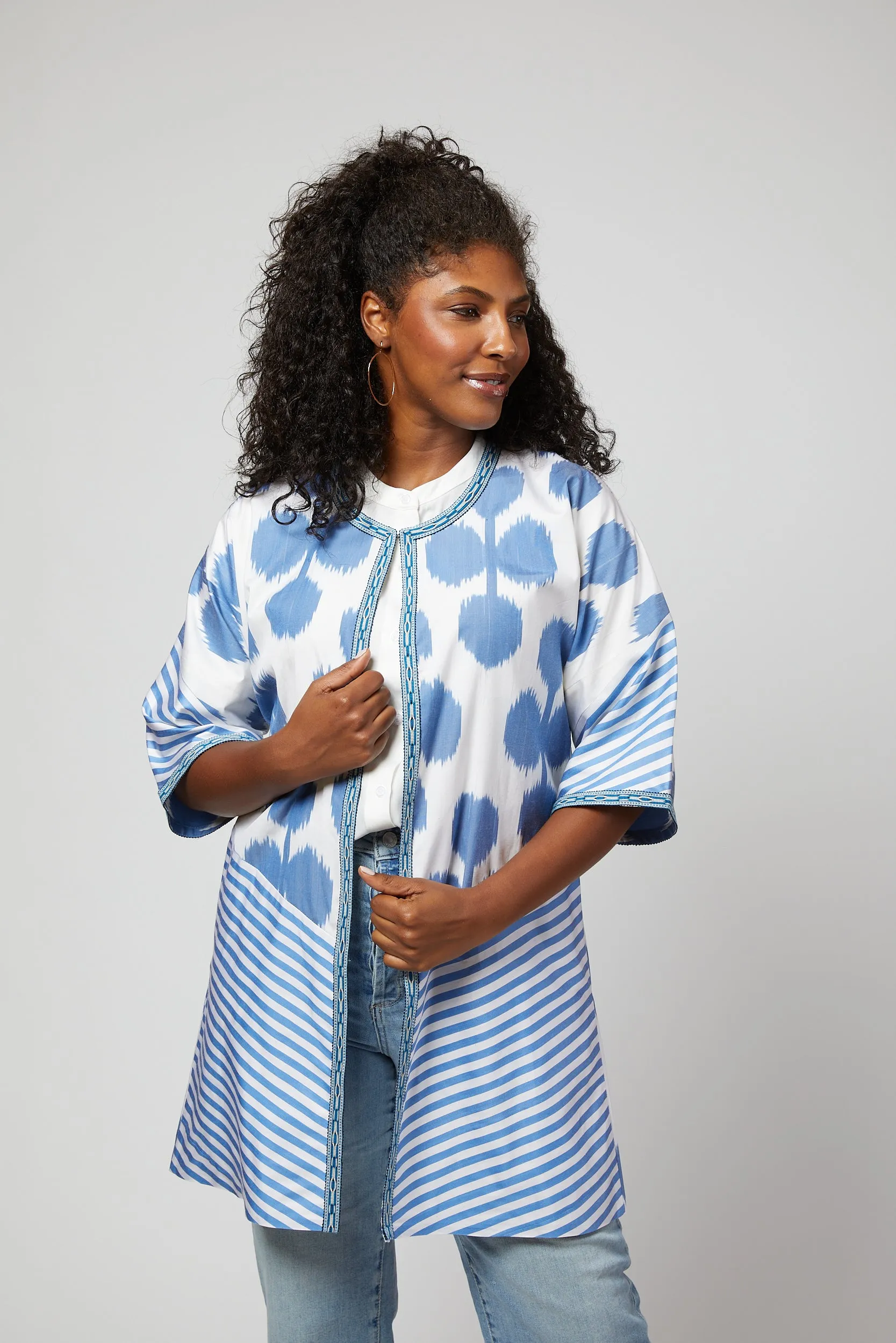 Genie Silk Ikat Jacket - French Blue, White