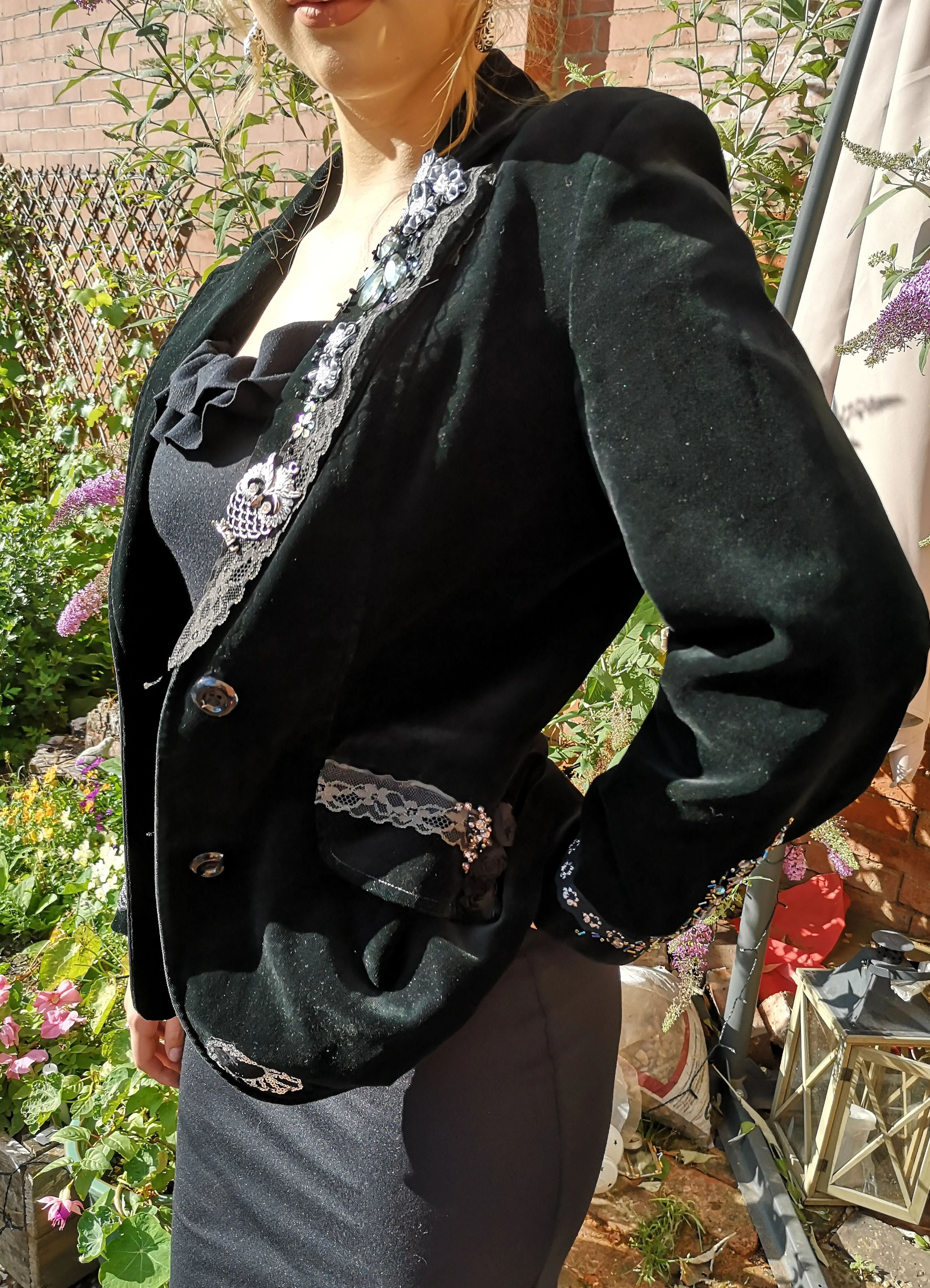 Gorgeous boho, black velvet, upcycled, blinged festival jacket. alternative styling size 10