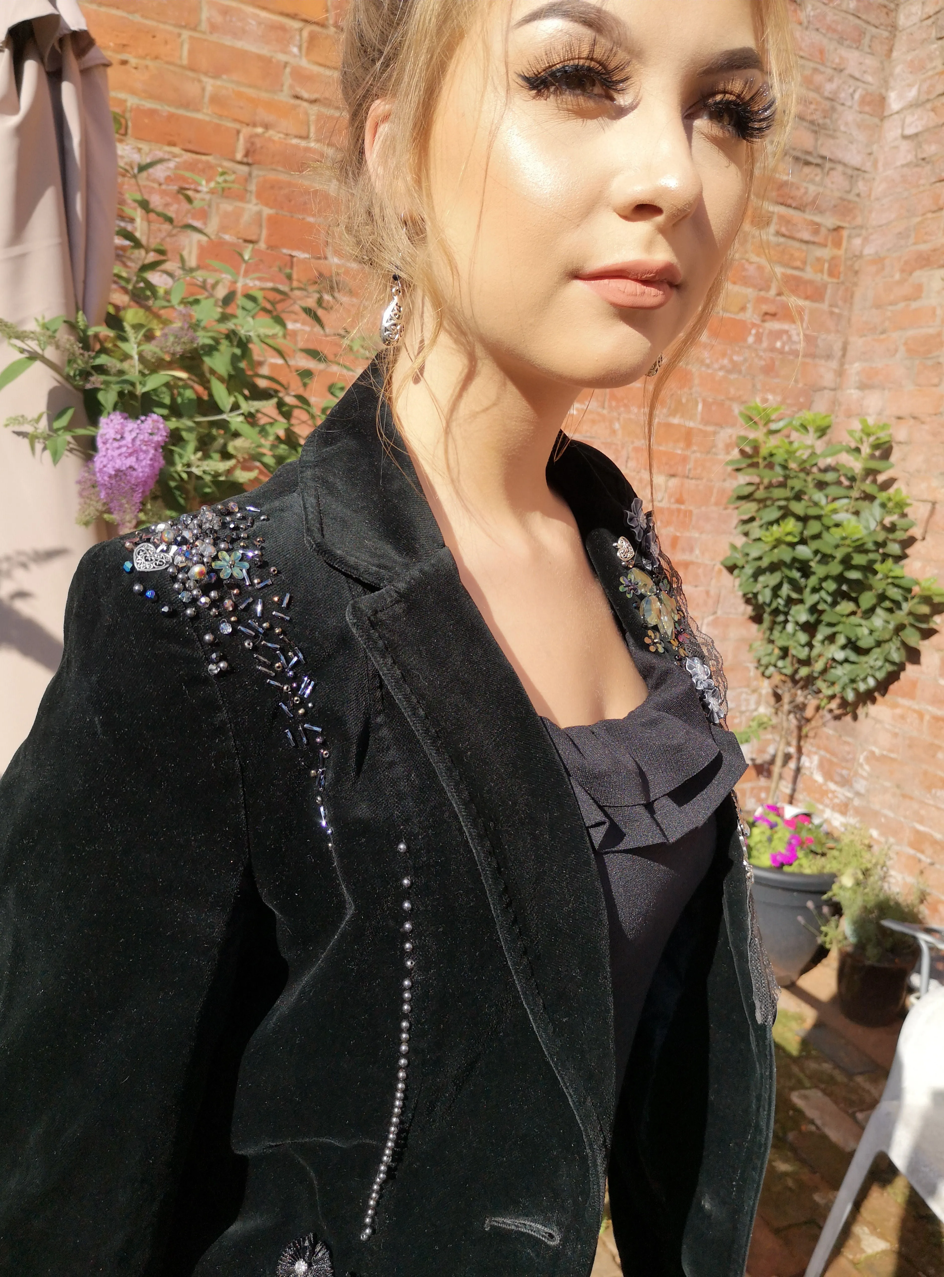 Gorgeous boho, black velvet, upcycled, blinged festival jacket. alternative styling size 10