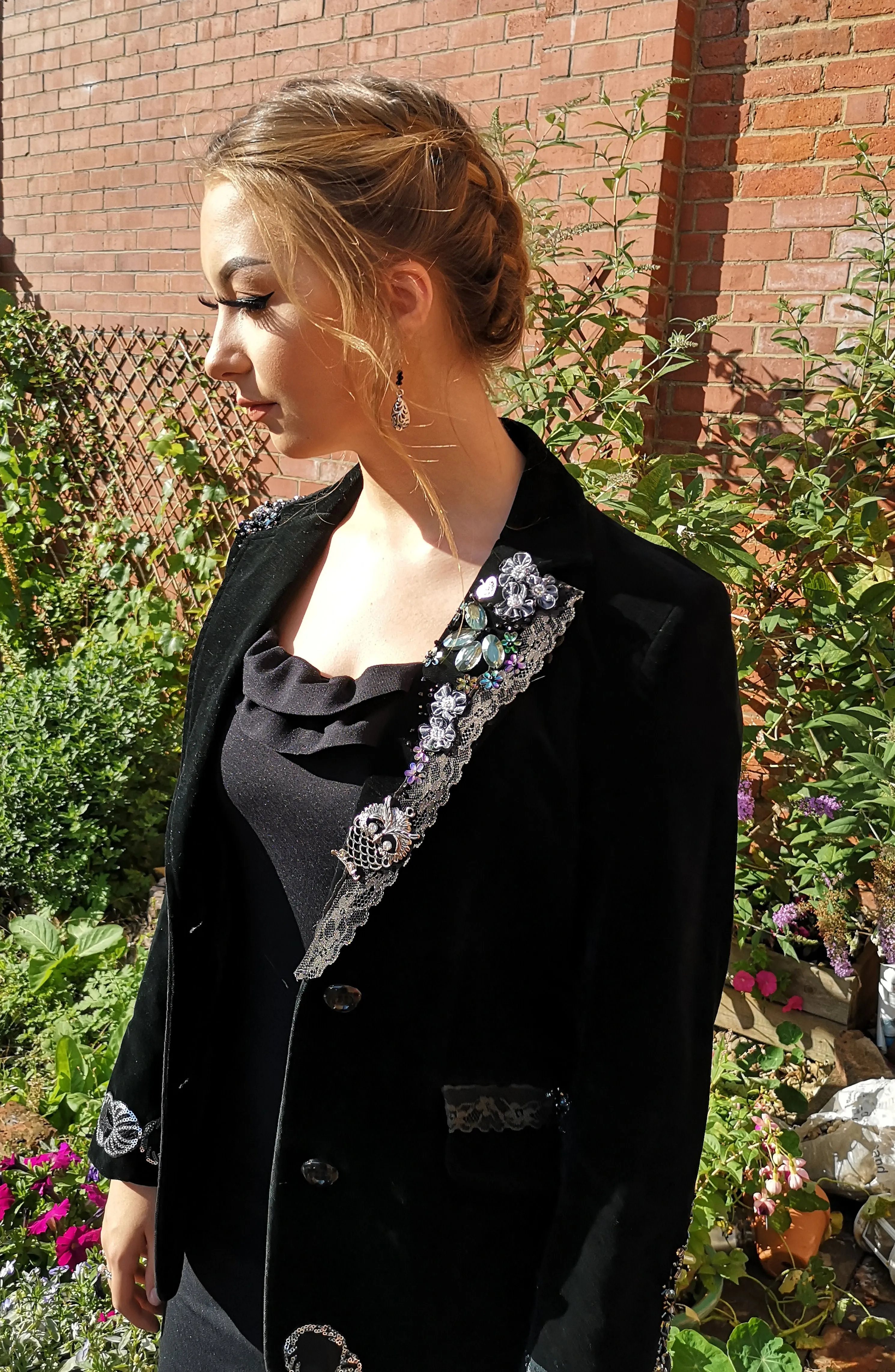 Gorgeous boho, black velvet, upcycled, blinged festival jacket. alternative styling size 10