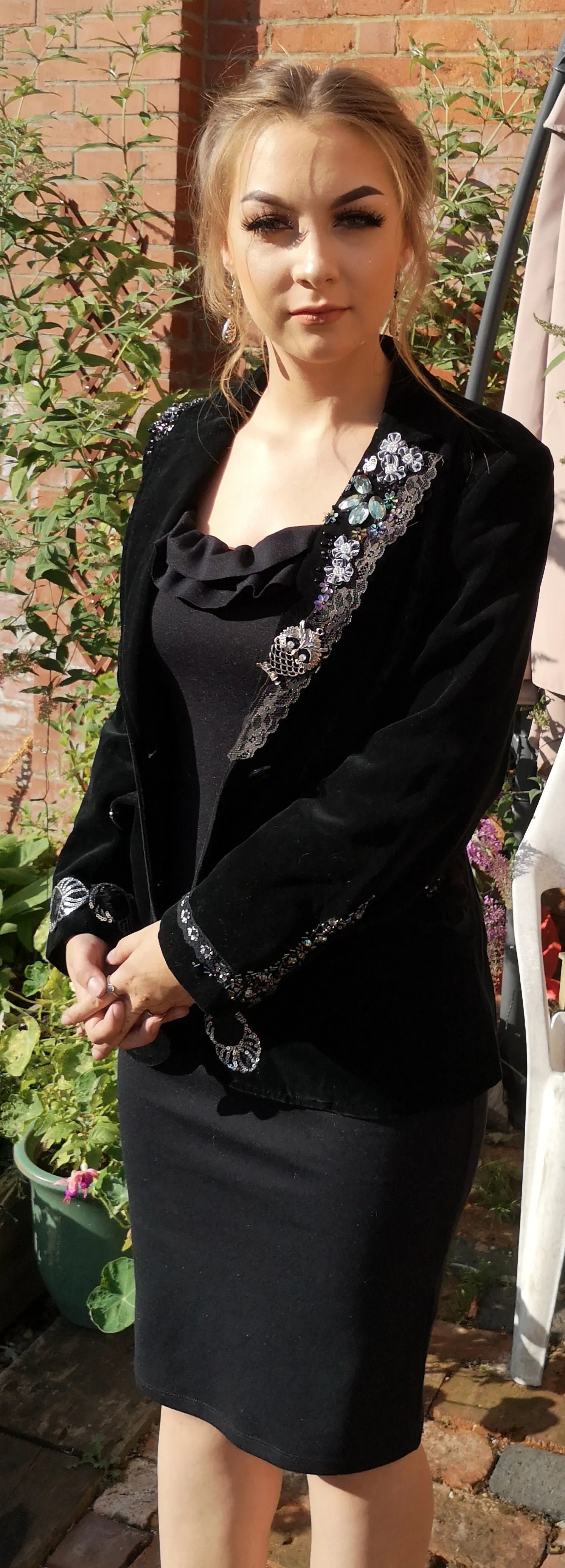 Gorgeous boho, black velvet, upcycled, blinged festival jacket. alternative styling size 10