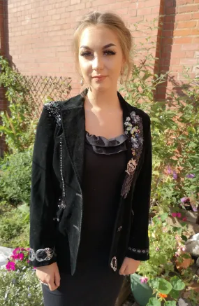 Gorgeous boho, black velvet, upcycled, blinged festival jacket. alternative styling size 10