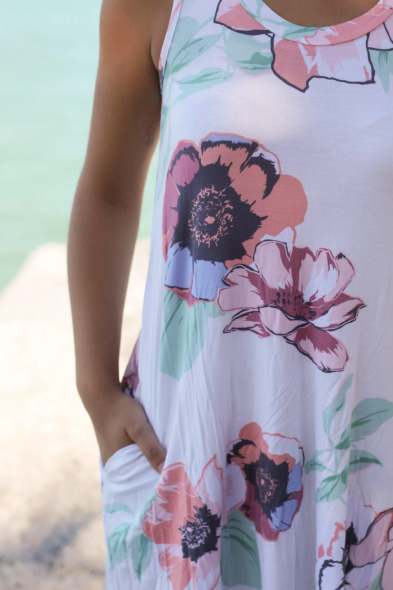 Ivory Floral Sleeveless Short Dress