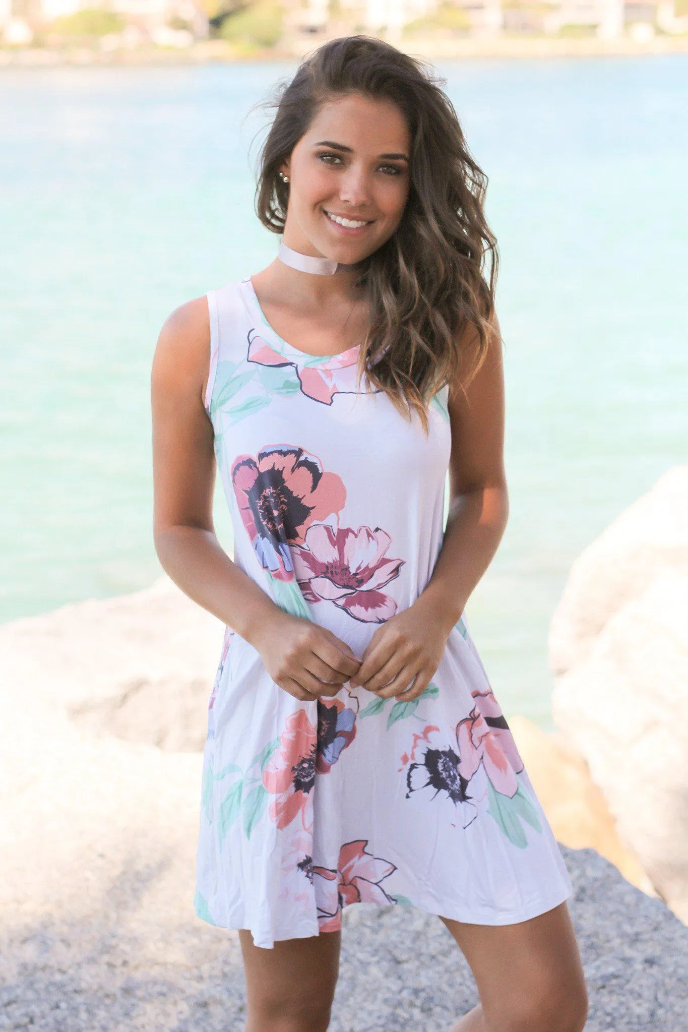 Ivory Floral Sleeveless Short Dress
