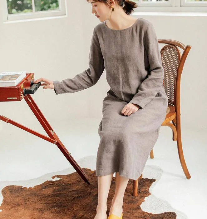 Linen Women Shirts O Neck Dresses Long Sleeve Women Linen Dresses  S90921