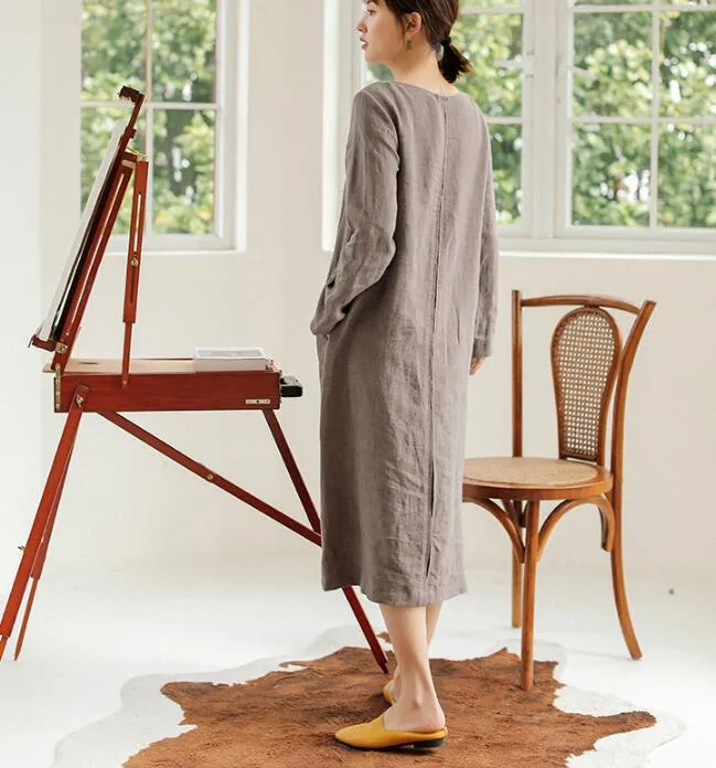 Linen Women Shirts O Neck Dresses Long Sleeve Women Linen Dresses  S90921