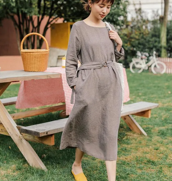 Linen Women Shirts O Neck Dresses Long Sleeve Women Linen Dresses  S90921