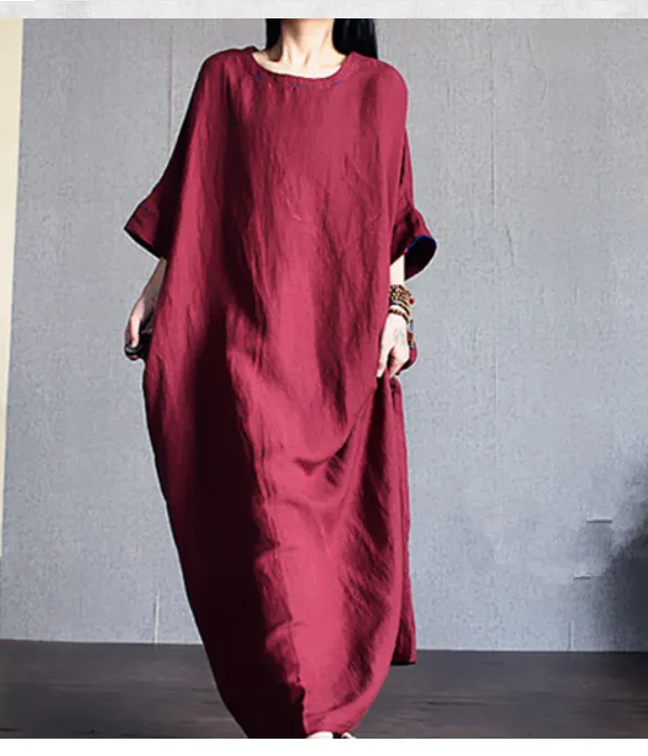 Loose Long Sleeve Linen Cotton O Neck Plus Size Women Dress