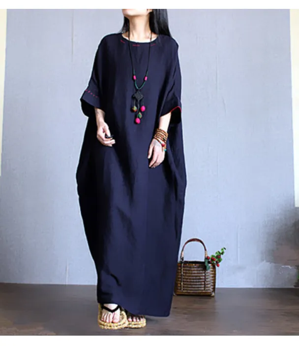 Loose Long Sleeve Linen Cotton O Neck Plus Size Women Dress