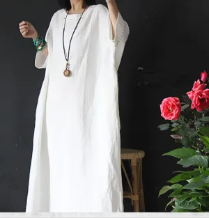 Loose Long Sleeve Linen Cotton O Neck Plus Size Women Dress