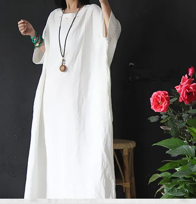 Loose Long Sleeve Linen Cotton O Neck Plus Size Women Dress