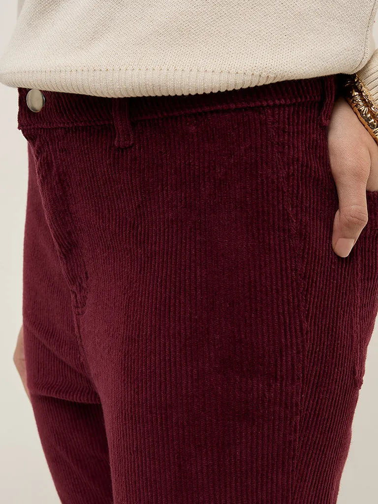 LOV Burgundy Ribbed Corduroy High-Rise Cotton Blend Pants