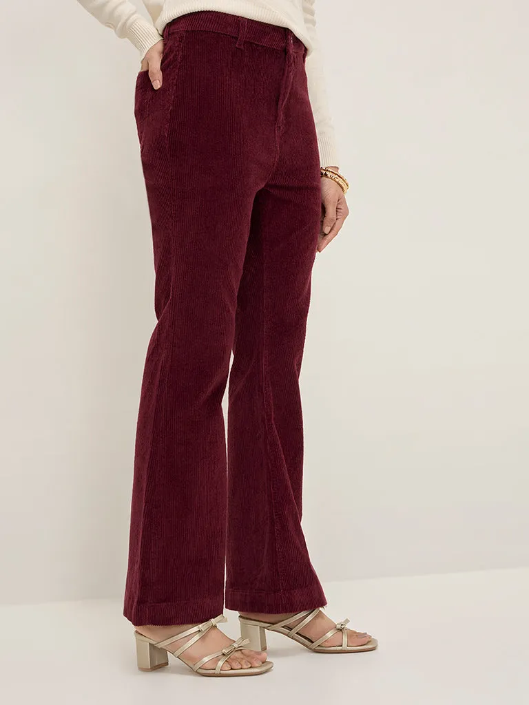LOV Burgundy Ribbed Corduroy High-Rise Cotton Blend Pants