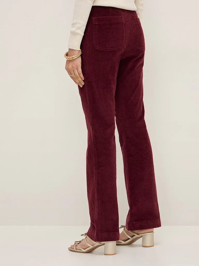 LOV Burgundy Ribbed Corduroy High-Rise Cotton Blend Pants