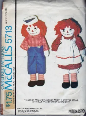 McCall's 5713 Raggedy Ann Raggedy Andy Dolls Vintage 1970's Sewing Pattern