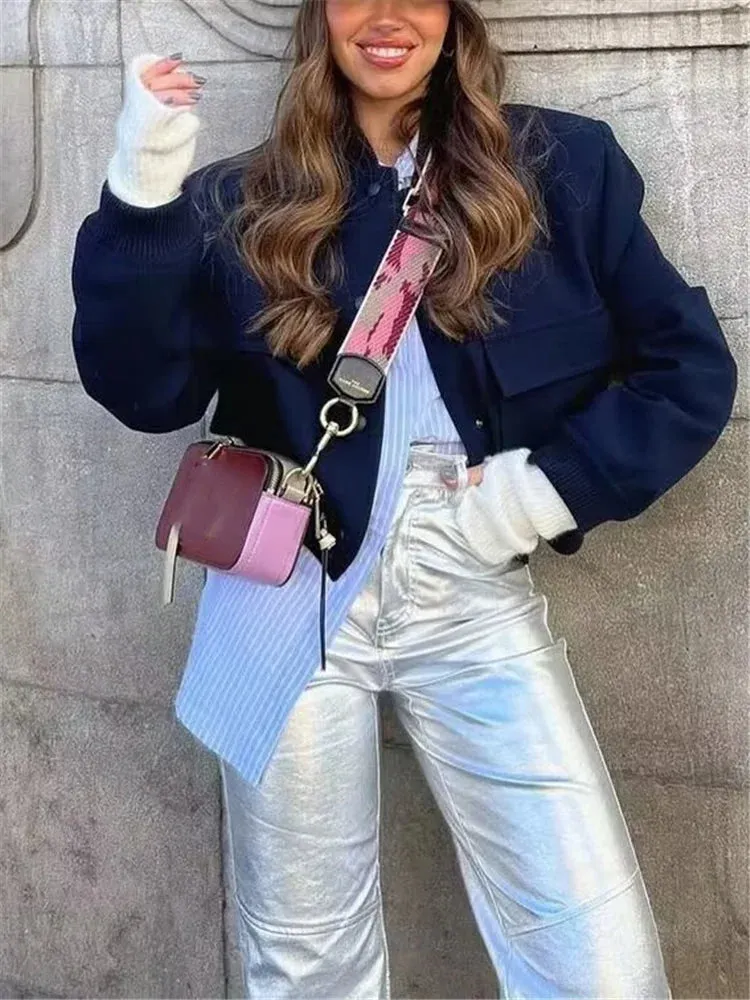Navy Blue Button Short Spring Chic Solid Pocket Ladies Fashion Oversized Outwear Jacket