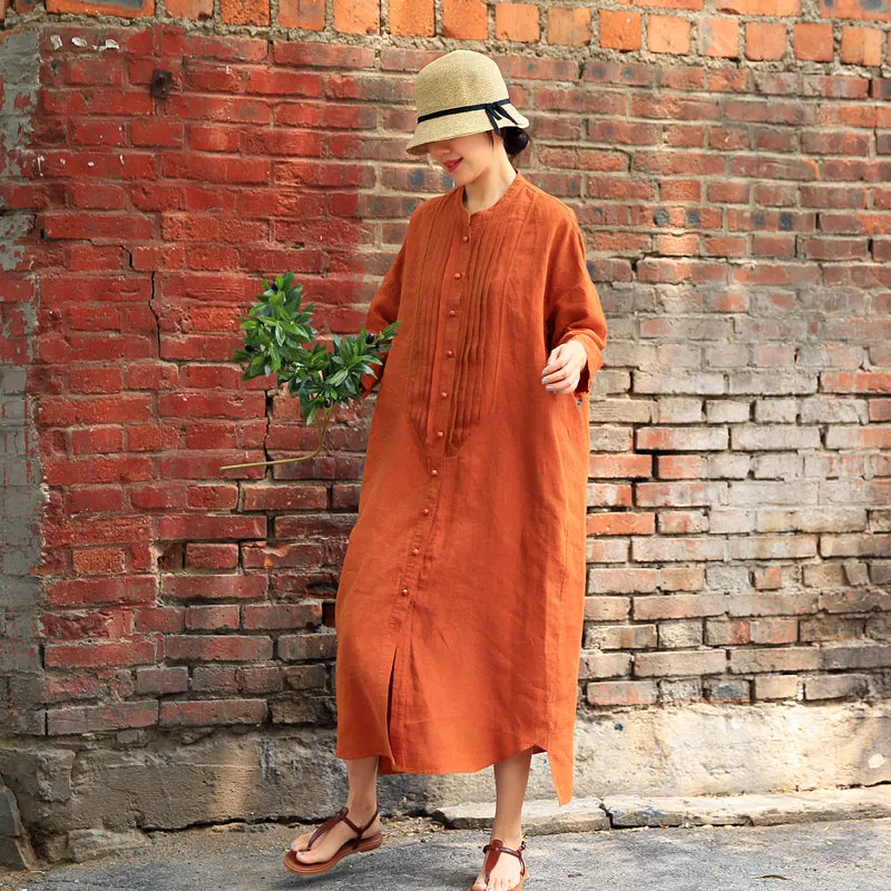 Orange Shirt Dress Linen Casual Summer Button Down Women Dresses Z97291