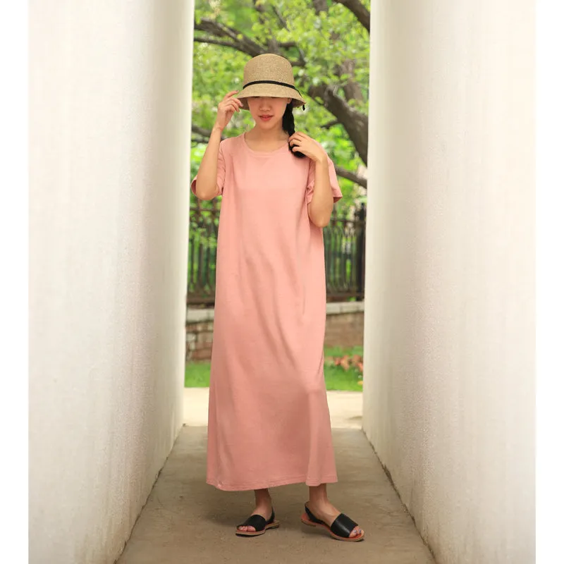 Pink Knitted Flax Casual Summer Shift Long Women Dresses Z97293