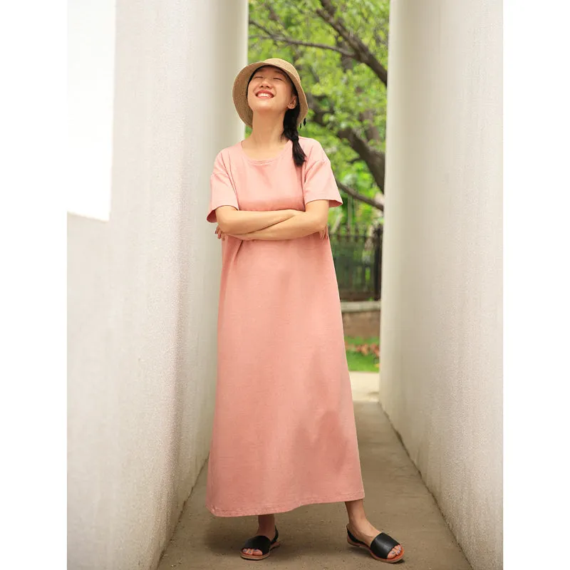 Pink Knitted Flax Casual Summer Shift Long Women Dresses Z97293