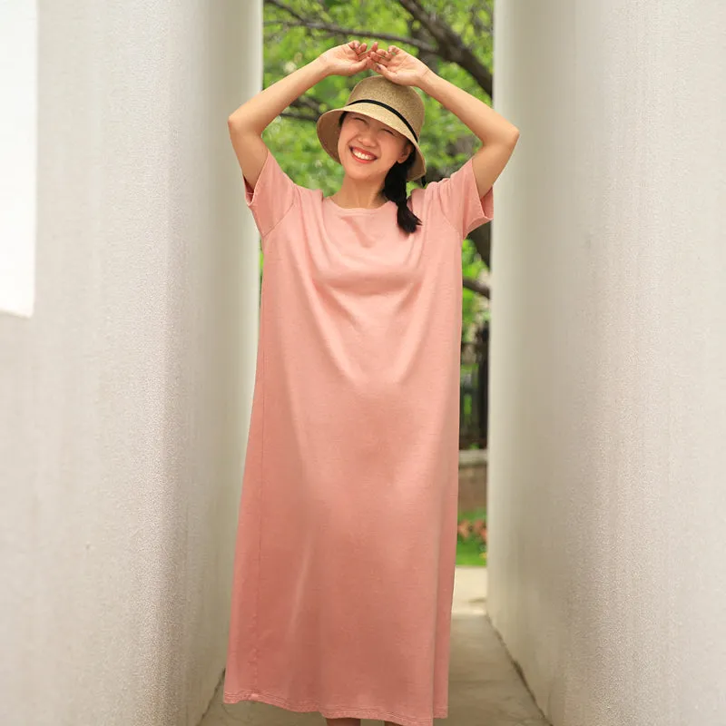 Pink Knitted Flax Casual Summer Shift Long Women Dresses Z97293