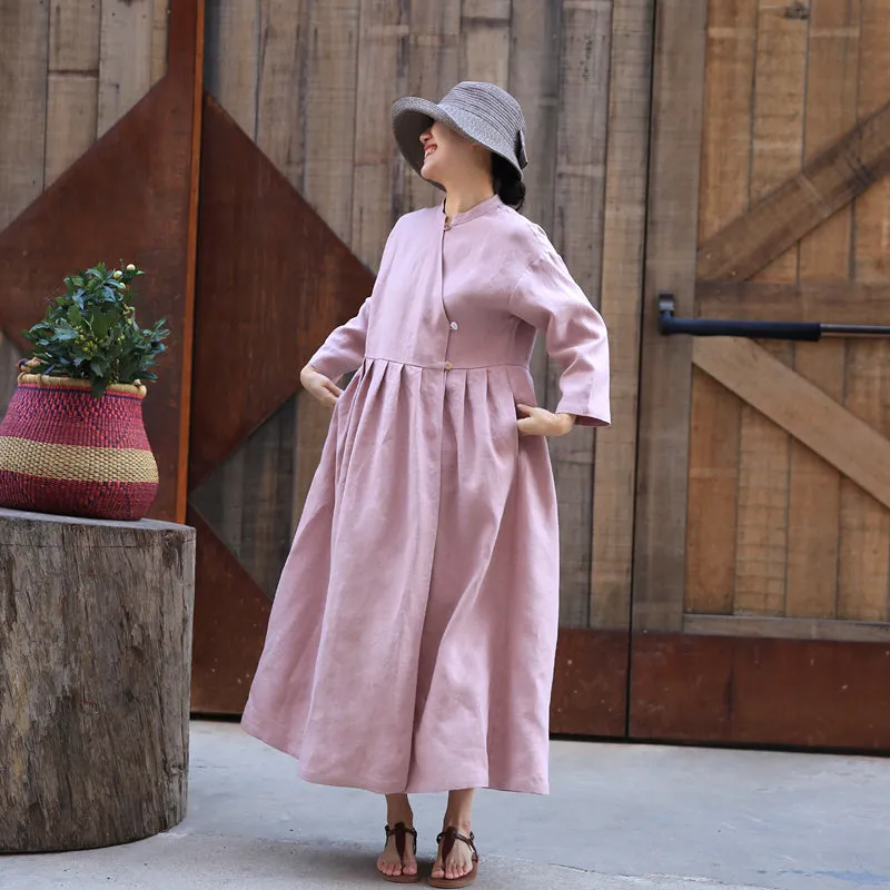Pink V Neck Loose Dress Summer Long Sleeve Midi Women Linen Dresses Z972917