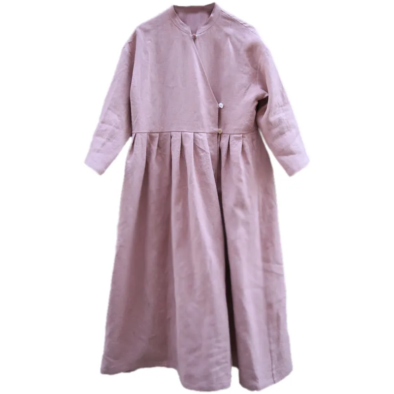 Pink V Neck Loose Dress Summer Long Sleeve Midi Women Linen Dresses Z972917