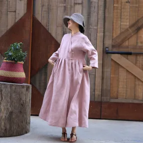 Pink V Neck Loose Dress Summer Long Sleeve Midi Women Linen Dresses Z972917