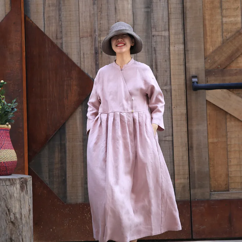 Pink V Neck Loose Dress Summer Long Sleeve Midi Women Linen Dresses Z972917