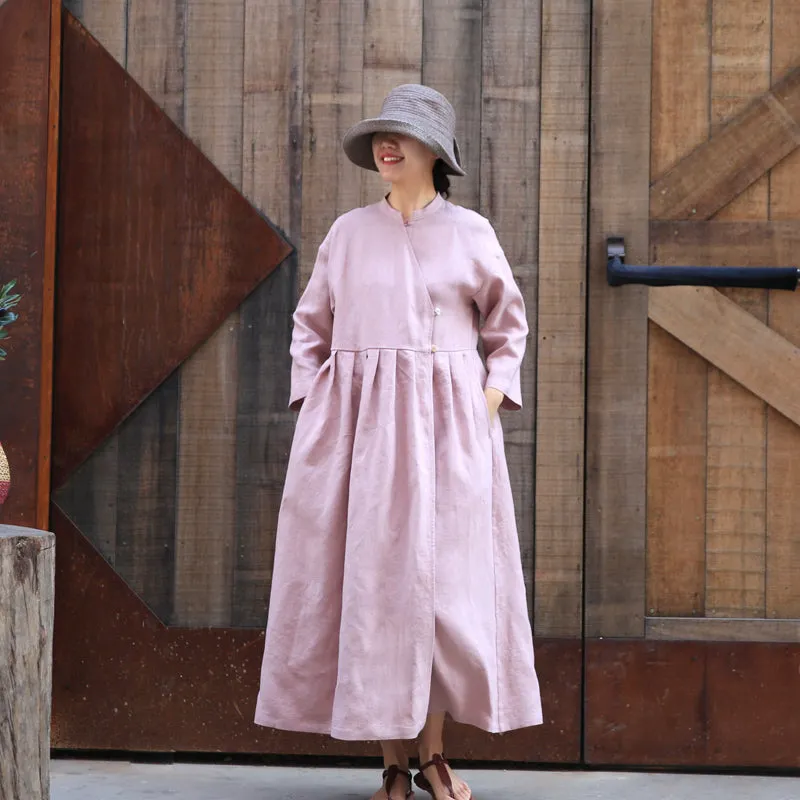 Pink V Neck Loose Dress Summer Long Sleeve Midi Women Linen Dresses Z972917