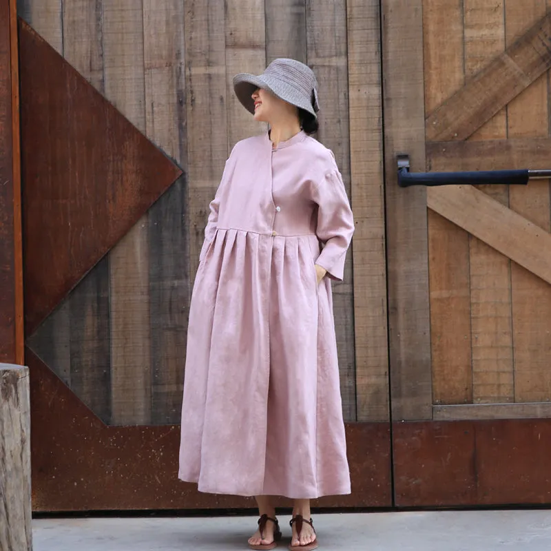Pink V Neck Loose Dress Summer Long Sleeve Midi Women Linen Dresses Z972917