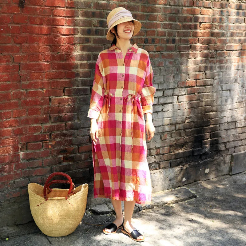 Plaid Skirts Dress Summer Casaul Long Women Linen Button Down Dresses With Waist Belt Z97302
