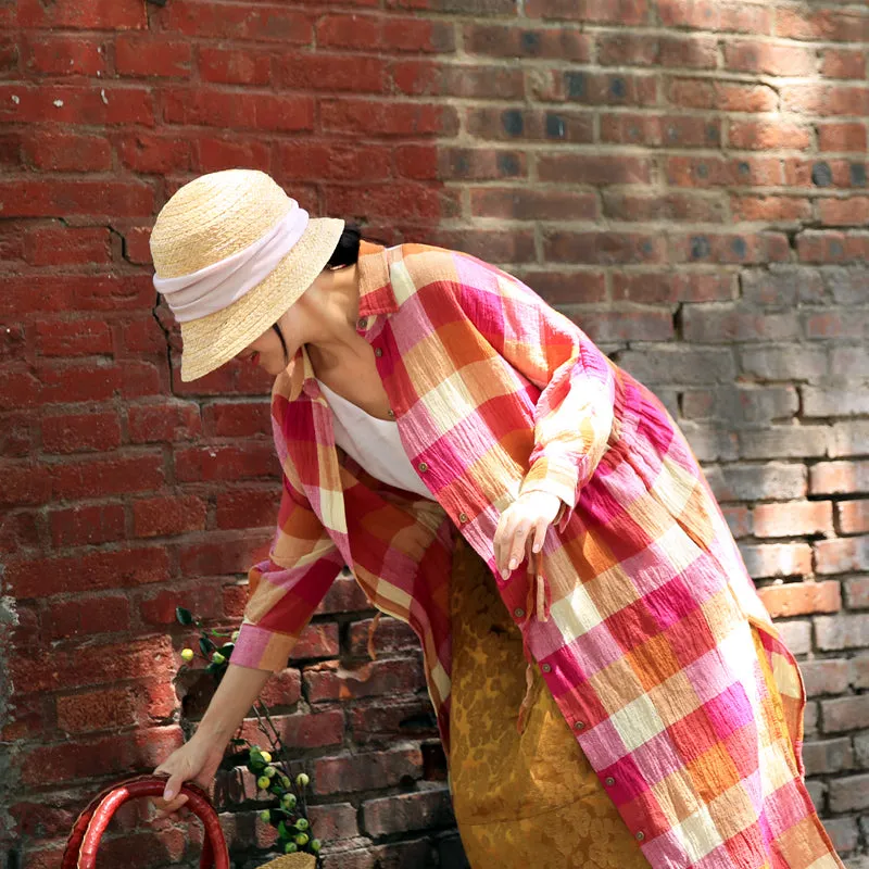Plaid Skirts Dress Summer Casaul Long Women Linen Button Down Dresses With Waist Belt Z97302