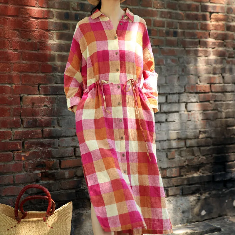 Plaid Skirts Dress Summer Casaul Long Women Linen Button Down Dresses With Waist Belt Z97302