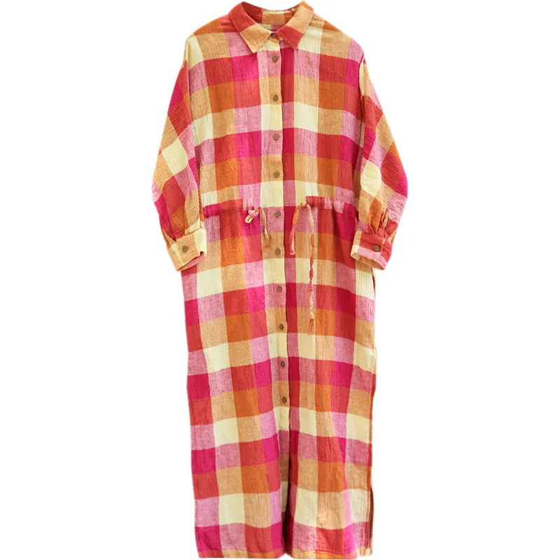 Plaid Skirts Dress Summer Casaul Long Women Linen Button Down Dresses With Waist Belt Z97302