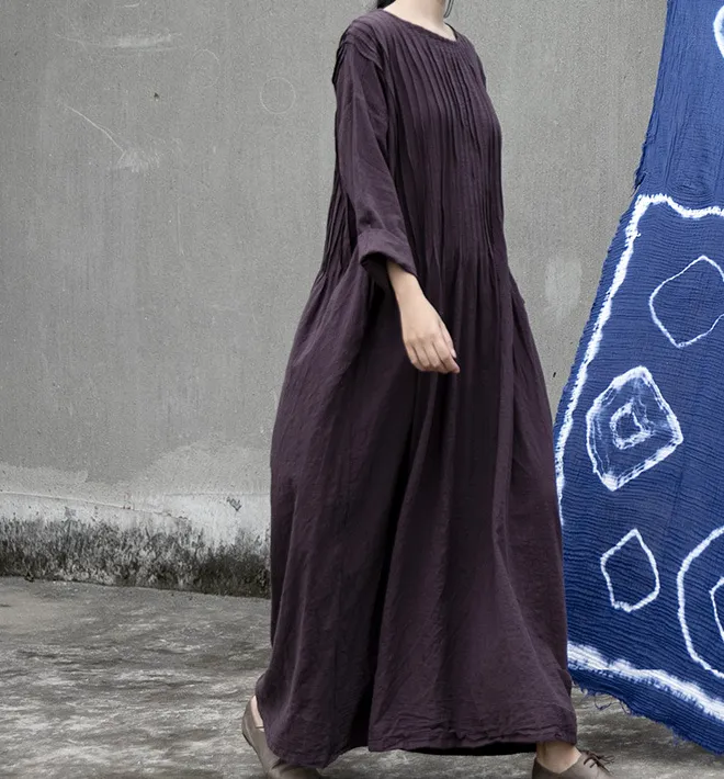 Pleated  Linen Long Loose O Neck Women Dresses