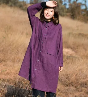 Purple linen Loose Long Sleeve Women Linen Dresses  ZF98413