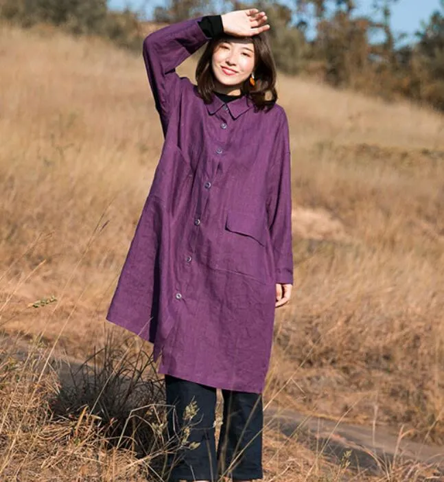 Purple linen Loose Long Sleeve Women Linen Dresses  ZF98413