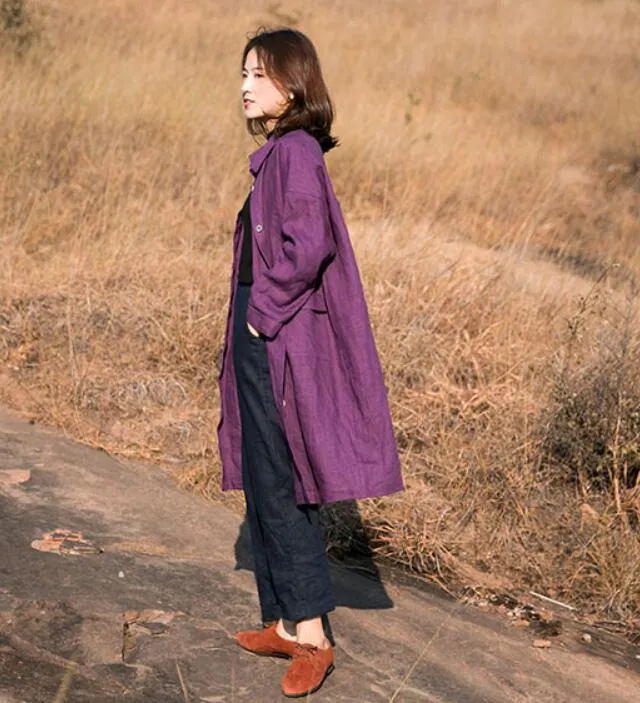 Purple linen Loose Long Sleeve Women Linen Dresses  ZF98413