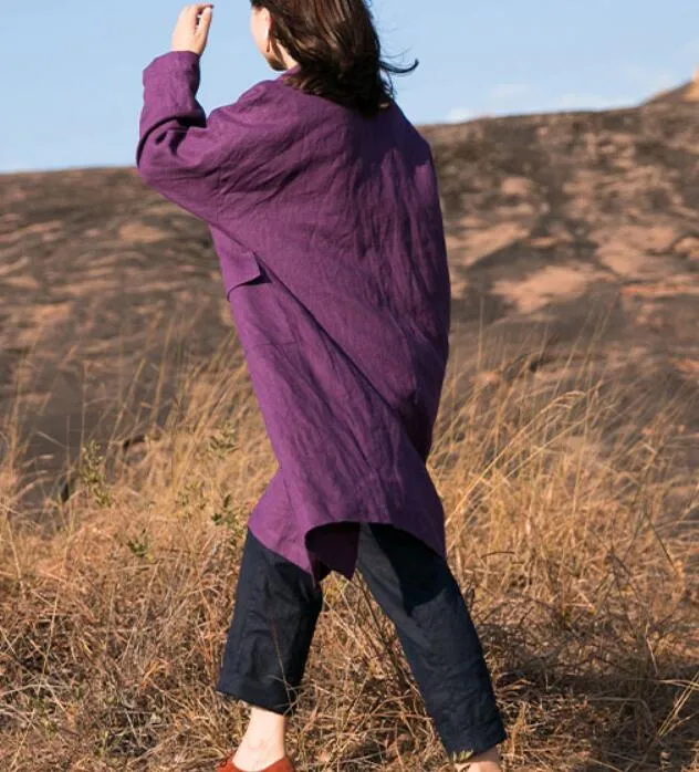 Purple linen Loose Long Sleeve Women Linen Dresses  ZF98413