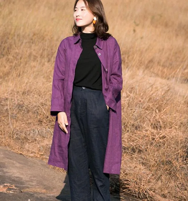 Purple linen Loose Long Sleeve Women Linen Dresses  ZF98413