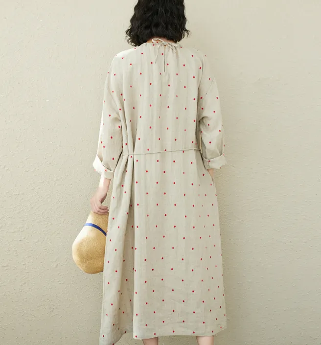 Red Dot Emboridery Summer Linen Women Dresses Washed Soft Loose Long Sleeve Women Dresses 97295