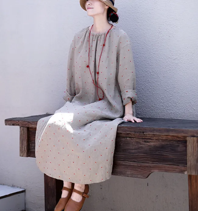 Red Dot Emboridery Summer Linen Women Dresses Washed Soft Loose Long Sleeve Women Dresses 97295