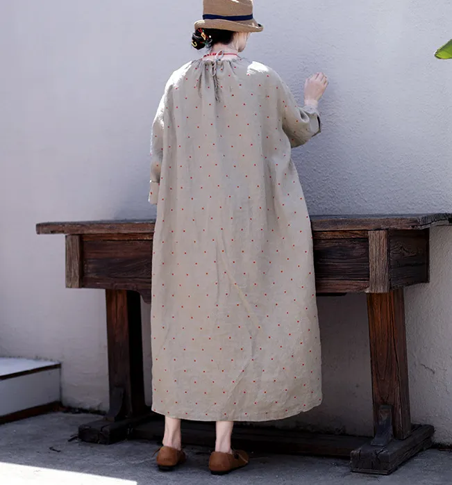 Red Dot Emboridery Summer Linen Women Dresses Washed Soft Loose Long Sleeve Women Dresses 97295