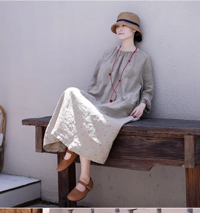 Red Dot Emboridery Summer Linen Women Dresses Washed Soft Loose Long Sleeve Women Dresses 97295