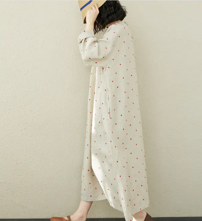 Red Dot Emboridery Summer Linen Women Dresses Washed Soft Loose Long Sleeve Women Dresses 97295