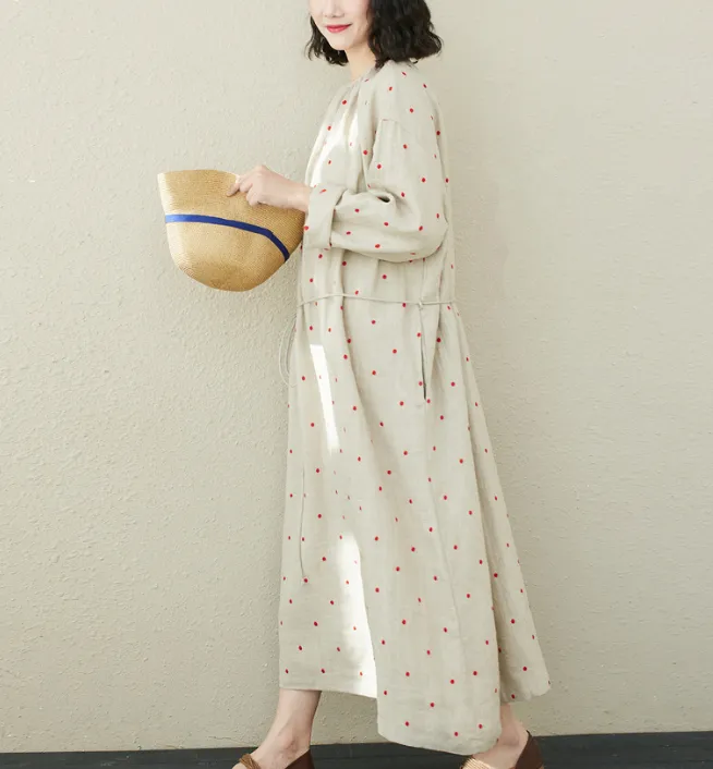 Red Dot Emboridery Summer Linen Women Dresses Washed Soft Loose Long Sleeve Women Dresses 97295